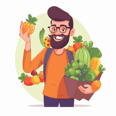 Küçük gıda pazarı. Sebze ve meyve tezgahı. Sağlıklı bir yaşam tarzı. Organik yiyecekler. Çiftlik ürünleri. Çizgi film vektör çizimi. Etiket, etiket, tişört yazdırma