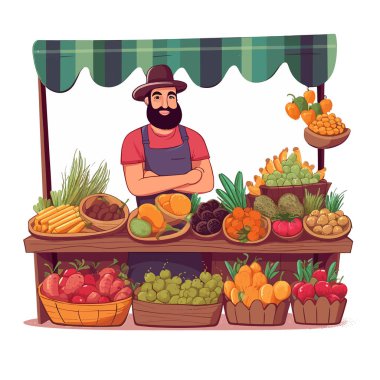 Sebze ve meyve tezgahı. Küçük gıda pazarı. Sağlıklı bir yaşam tarzı. Organik yiyecekler. Çiftlik ürünleri. Çizgi film vektör çizimi. Etiket, etiket, tişört yazdırma
