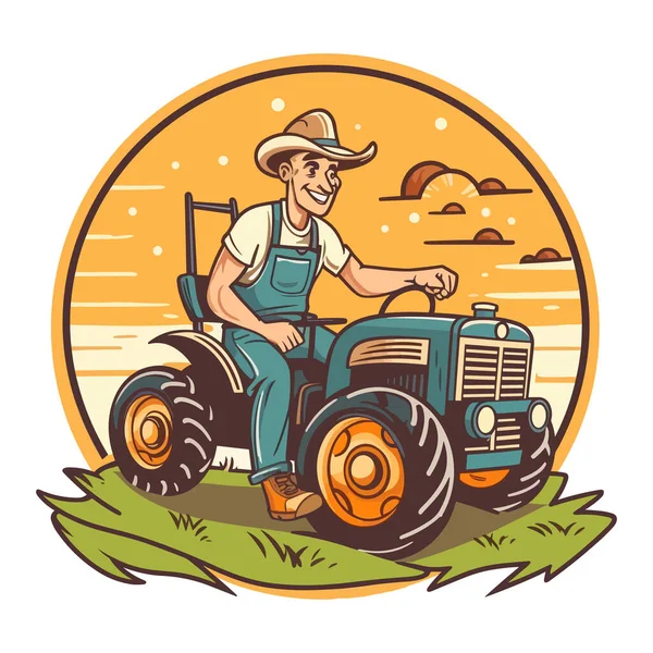 農家がトラクターを運転する 健康的なライフスタイル 農業の概念 漫画のベクターイラスト ラベル ステッカー Tシャツ印刷 — ストックベクタ