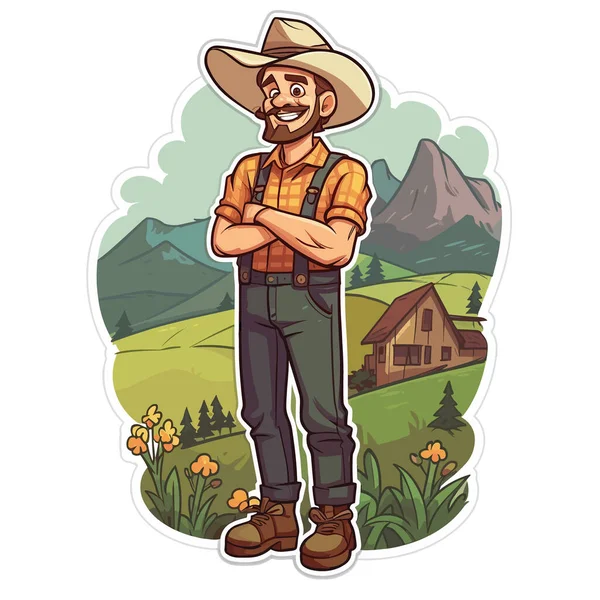 一个快乐的农民俯瞰着一个多山的乡村 健康的生活方式 农场的概念 卡通矢量图解 T恤衫印刷 — 图库矢量图片