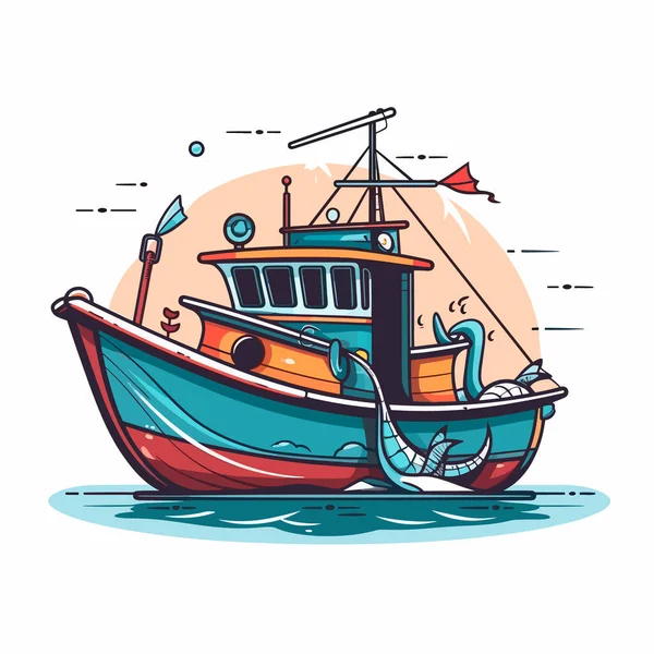 Небольшая Рыбацкая Лодка Отправляется Море Иллюстрация Вектора Мультфильма Этикетка Наклейка — стоковый вектор