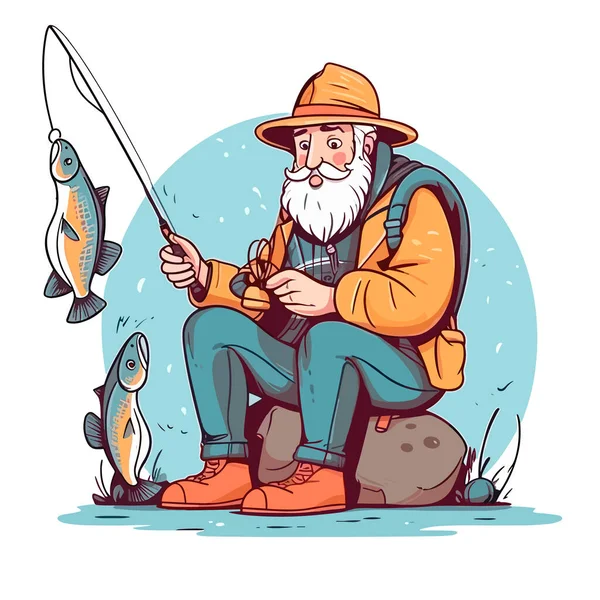 Pescador Pescó Pez Equipo Pesca Ilustración Vectorial Dibujos Animados Etiqueta — Archivo Imágenes Vectoriales