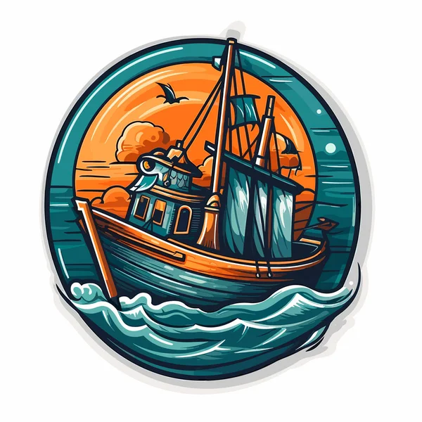 Pequeño Barco Pesquero Mar Tormentoso Ilustración Vectorial Dibujos Animados Etiqueta — Vector de stock
