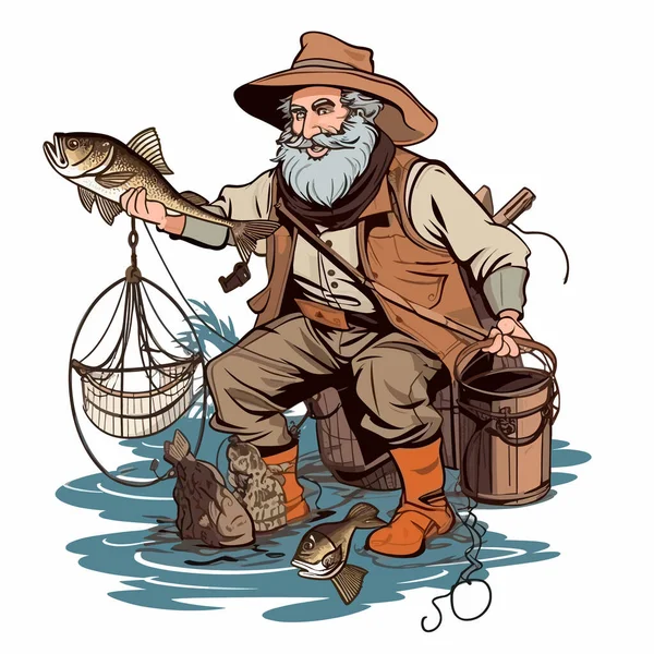 Een Visser Vangt Vis Visuitrusting Cartoon Vector Illustratie Label Sticker — Stockvector