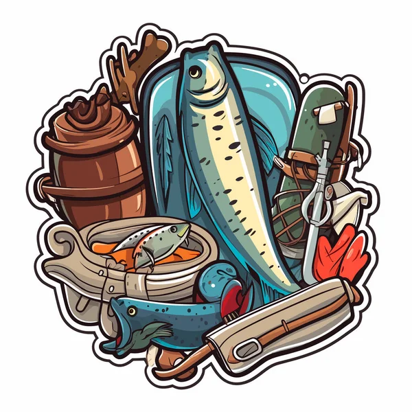 Equipment Fishermen Sport Fishing Hobby Cartoon Vector Illustration Label Sticker — Stock Vector