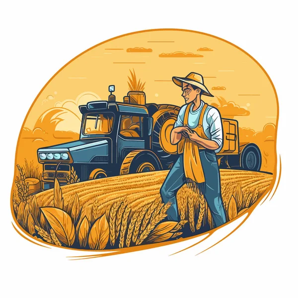 Fermier Dans Champ Avec Grain Tracteur Arrière Plan Mode Vie — Image vectorielle