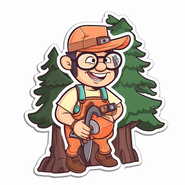 一个森林伐木工人修剪树枝 木工和木工工作 卡通矢量图解 T恤衫印刷 — 图库矢量图片