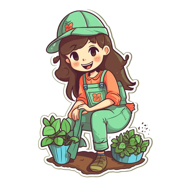 Kvinnlig Trädgårdsmästare Planterar Nya Växter Marken Trädgårdsarbete Underhåll Grönska Och — Stock vektor