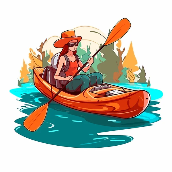 Una Ragazza Pagaia Kayak Noleggio Kayak Sport Acquatici Illustrazione Vettoriale — Vettoriale Stock