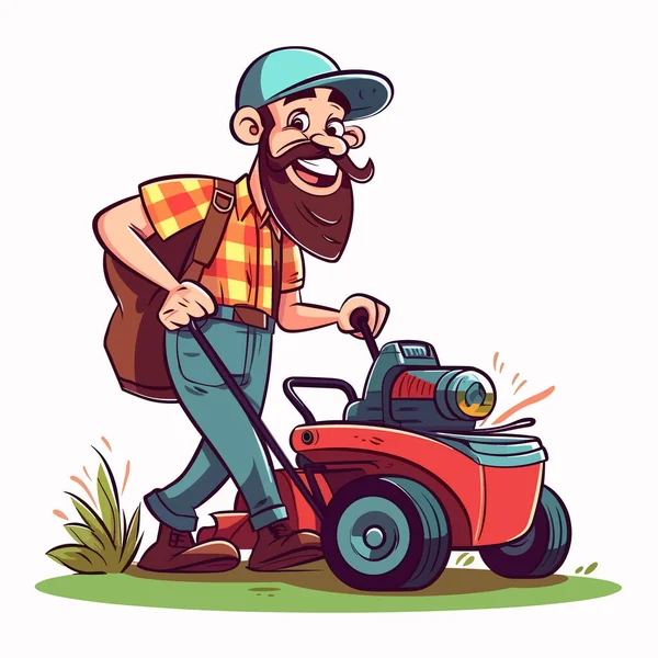 熱心な庭師は芝生に栽培者を連れて行きます 園芸の概念 漫画のベクターイラスト ラベル ステッカー Tシャツ印刷 — ストックベクタ