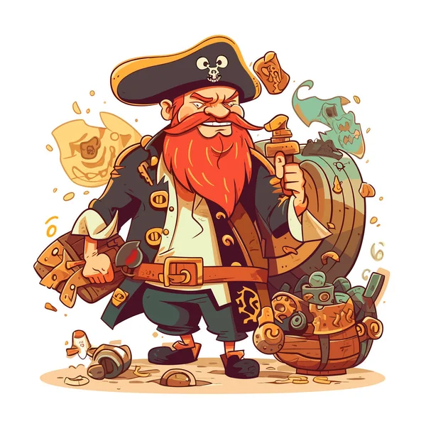 Pirata Barbudo Com Tesouro Saqueado Aventura Dos Corsários Desenhos Animados — Vetor de Stock