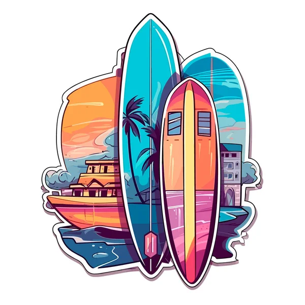 Noleggio Formazione Surf Surf Ricreativo Illustrazione Vettoriale Del Fumetto Etichetta — Vettoriale Stock