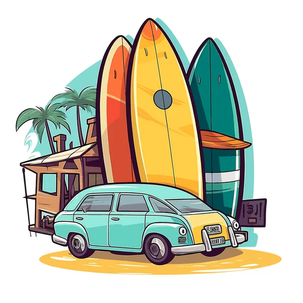 Freizeitsurfen Vermietung Und Ausbildung Zum Surfen Zeichentrickvektorillustration Etikett Aufkleber Shirt — Stockvektor