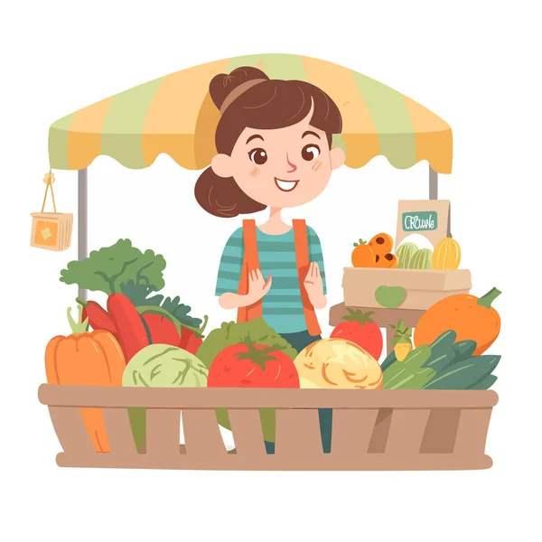 Puesto Verduras Frutas Pequeño Mercado Alimentos Estilo Vida Saludable Comida — Vector de stock