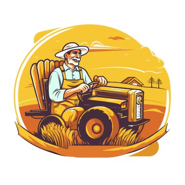 Bir çiftçi tarlasında tahıl hasat eder. Sağlıklı bir yaşam tarzı, tarım, çiftlik konsepti. Çizgi film vektör çizimi. Etiket, etiket, tişört yazdırma