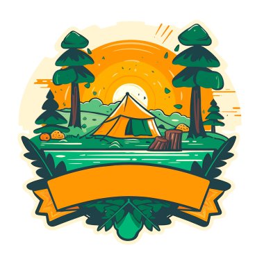 Doğada bir çadırda kamp yapmak. Çadırda yaz tatili maceraları. Çizgi film vektör çizimi. Etiket, etiket, tişört yazdırma