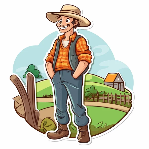 以农场和乡村风景为背景的快乐农民 健康的生活方式 农场的概念 卡通矢量图解 T恤衫印刷 — 图库矢量图片