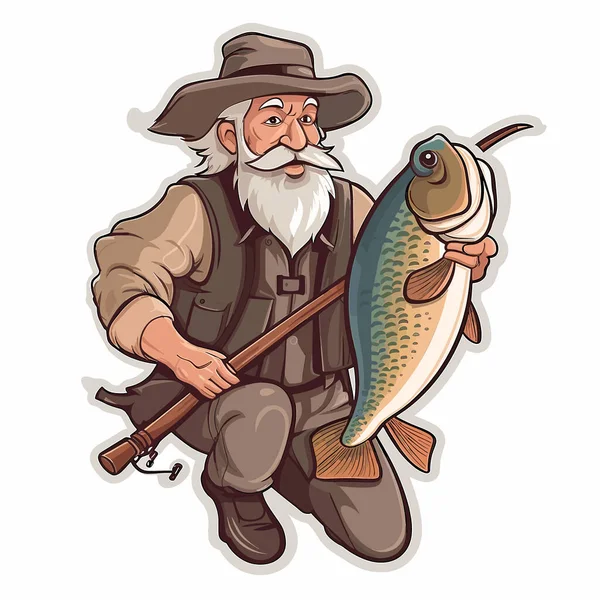 漁師は魚を捕まえる 漫画のベクターイラスト ラベル ステッカー Tシャツ印刷 — ストックベクタ