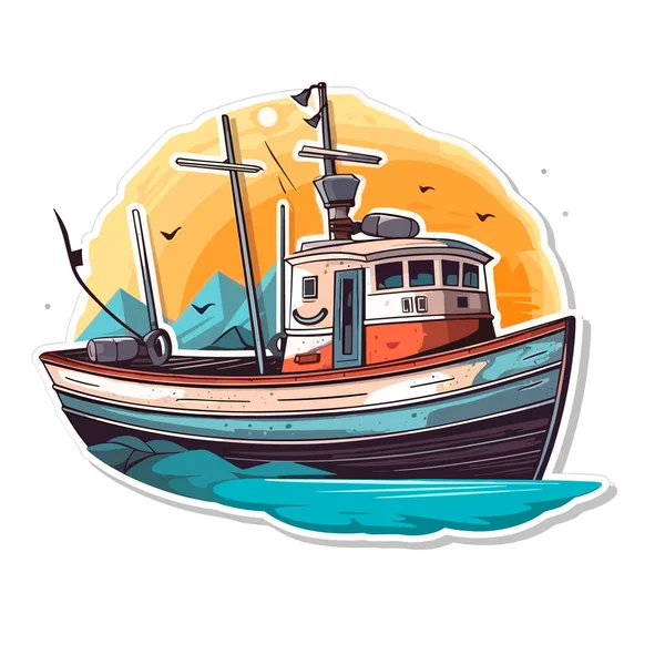 Malá Rybářská Loď Vyplouvá Moře Kreslená Vektorová Ilustrace Štítek Samolepka — Stockový vektor