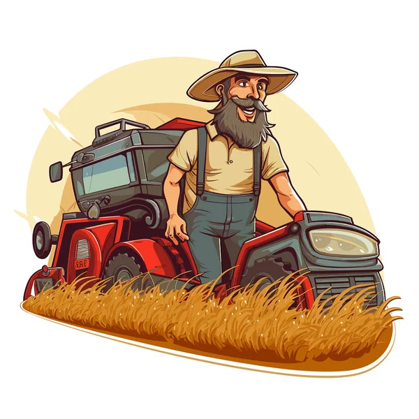 農家は背の高い草を刈って動物用に乾燥させる 健康的なライフスタイル 農業の概念 漫画のベクターイラスト ラベル ステッカー Tシャツ印刷 — ストックベクタ
