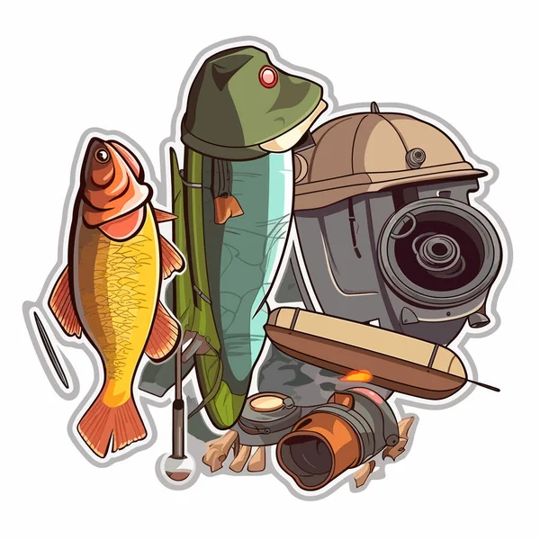 Ausrüstung Für Fischer Sportfischen Und Hobby Zeichentrickvektorillustration Etikett Aufkleber Shirt — Stockvektor