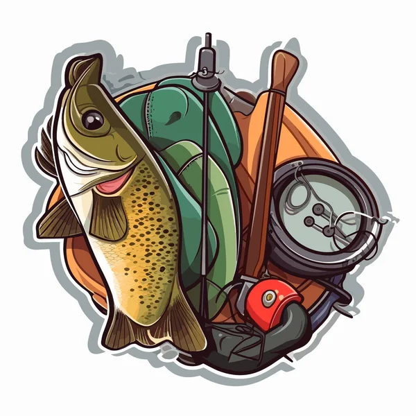 Überlebensausrüstung Für Die Wildnis Sportfischen Und Hobby Zeichentrickvektorillustration Etikett Aufkleber — Stockvektor