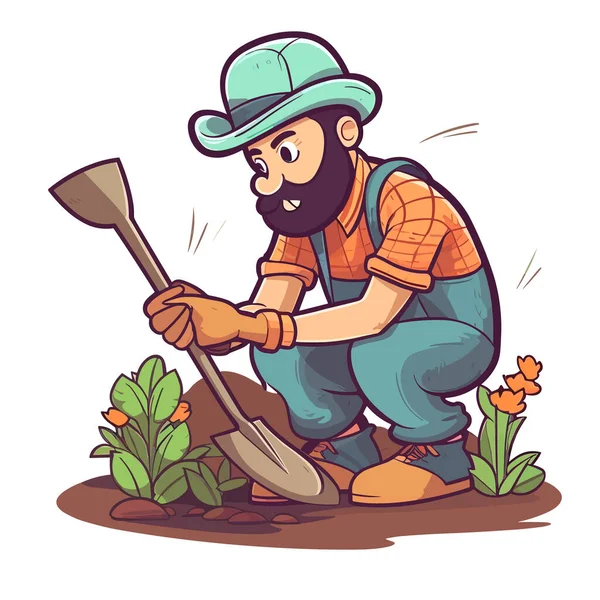 庭師は新しい植物を地面に置きます 園芸作業 緑と公園の維持 漫画のベクターイラスト ラベル ステッカー Tシャツ印刷 — ストックベクタ