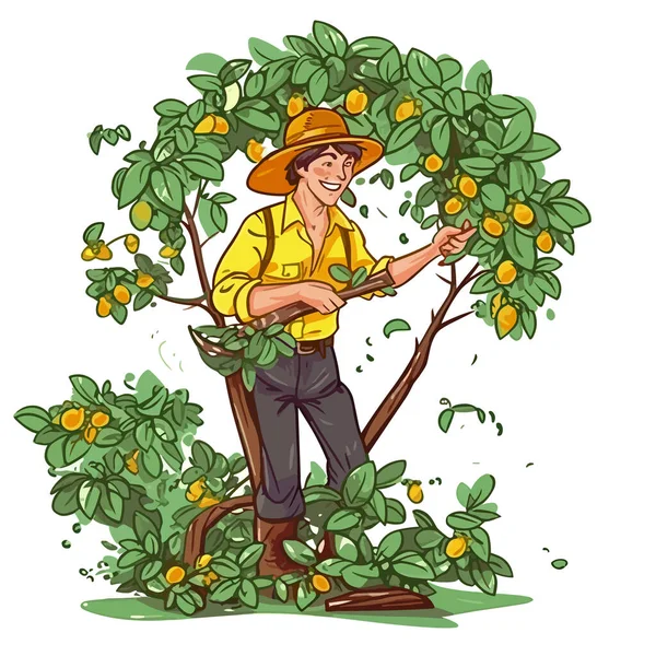 Ein Obstbauer Der Bäume Pflegt Äste Abschneiden Zeichentrickvektorillustration Etikett Aufkleber — Stockvektor
