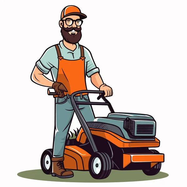 Man Mows Lawns Playgrounds Parks Lawn Mower Community Service Maintenance — Stock Vector