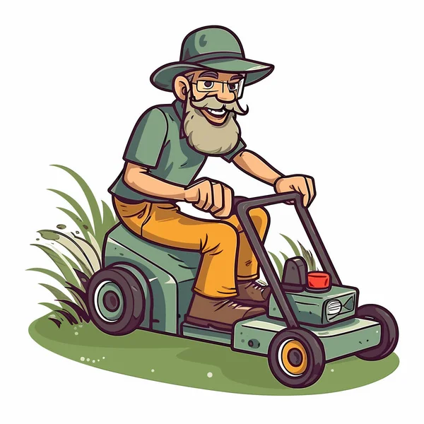 stock vector A man mows lawns, playgrounds and parks with a lawn mower. Community service. Maintenance of public areas. Gardening concept. Cartoon vector illustration. label, sticker, t-shirt printing