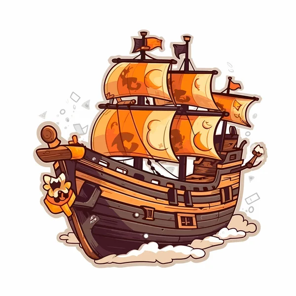 Пиратский Корабль Отправляется Море Приключения Корсаров Старый Средневековый Парусник Иллюстрация — стоковый вектор