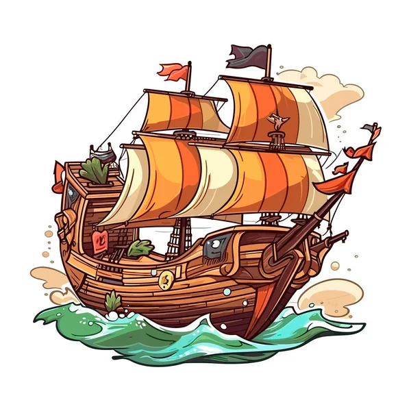 Velho Veleiro Medieval Navio Pirata Navega Mar Agitado Aventura Dos — Vetor de Stock