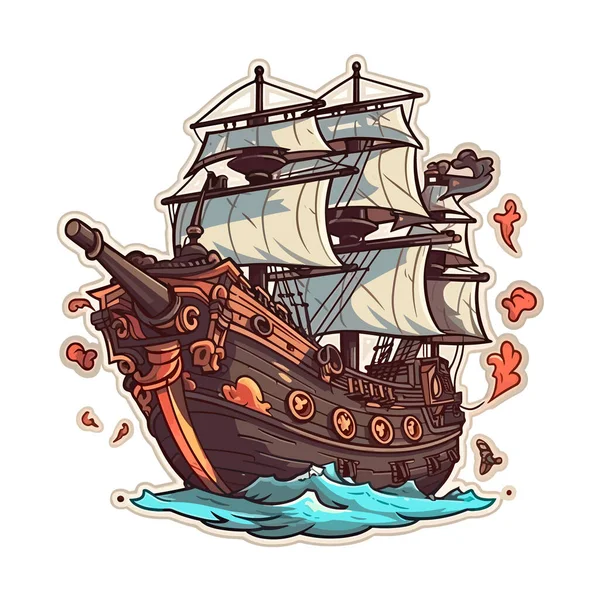 中世の帆船 海賊船が荒海に帆を張る コルセアの冒険 漫画のベクターイラスト ラベル ステッカー Tシャツ印刷 — ストックベクタ