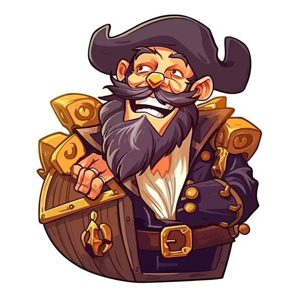 Pirata Sorridente Com Tesouro Aventura Dos Corsários Desenhos Animados Ilustração — Vetor de Stock
