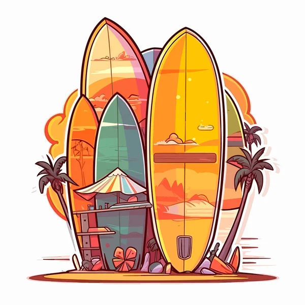 Freizeitsurfen Vermietung Und Ausbildung Zum Surfen Zeichentrickvektorillustration Etikett Aufkleber Shirt — Stockvektor