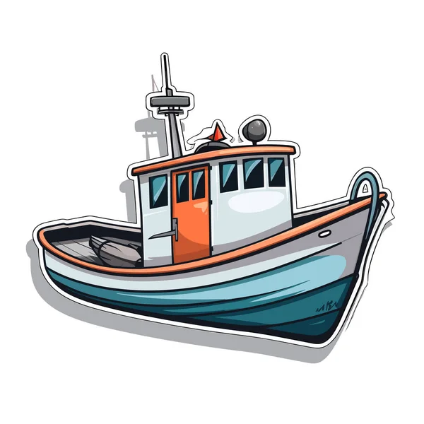 Ein Kleines Fischerboot Motorboot Für Taucher Oder Fischer Zeichentrickvektorillustration Etikett — Stockvektor