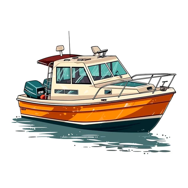 ダイバーや漁師のためのモーターボート 小さな観光遊覧船 漫画のベクターイラスト ラベル ステッカー Tシャツ印刷 — ストックベクタ