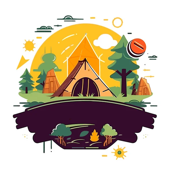田舎のテントでキャンプ テントの中で家族の休日 漫画のベクターイラスト ラベル ステッカー Tシャツ印刷 — ストックベクタ