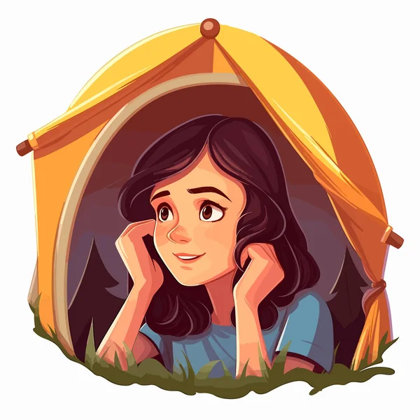 Kamp Alanındaki Çadırda Bir Kız Çadırda Yaz Tatili Maceraları Çizgi — Stok Vektör