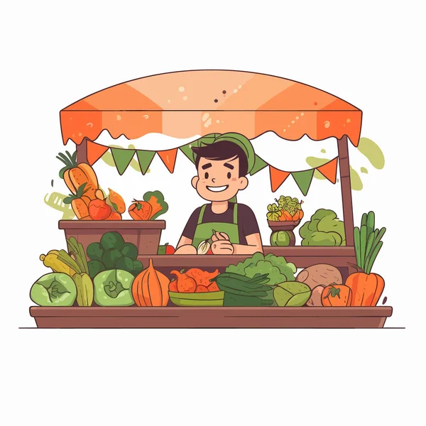 Puesto Verduras Frutas Pequeño Mercado Alimentos Estilo Vida Saludable Comida — Vector de stock