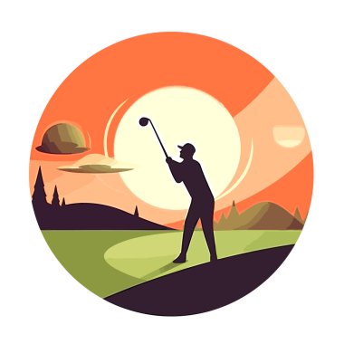 Golf sopası. Golf sahası. Golf koçu ve eğitmeni. Çizgi film vektör çizimi. Etiket, etiket, tişört yazdırma