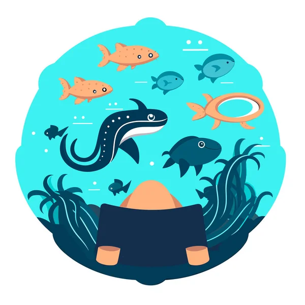 Marine Aquarium Aquatic Reserve Ocean Life Cartoon Vector Illustration Label — Stock Vector