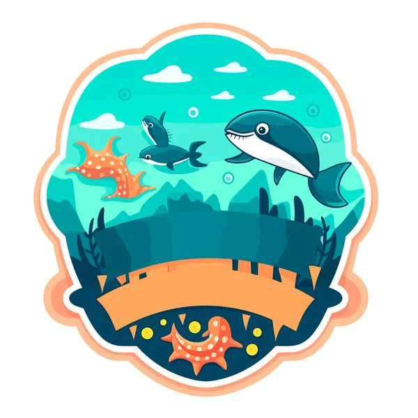 Marine Aquarium Aquatic Reserve Ocean Life Cartoon Vector Illustration Label — Stock Vector