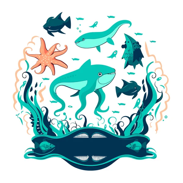 Meeresaquarium Wasserschutzgebiet Meereslebewesen Zeichentrickvektorillustration Etikett Aufkleber Shirt Druck — Stockvektor