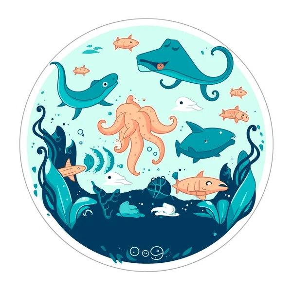 Mořské Akvárium Vodní Rezervace Oceánský Život Kreslené Vektorové Ilustrace Štítek — Stockový vektor