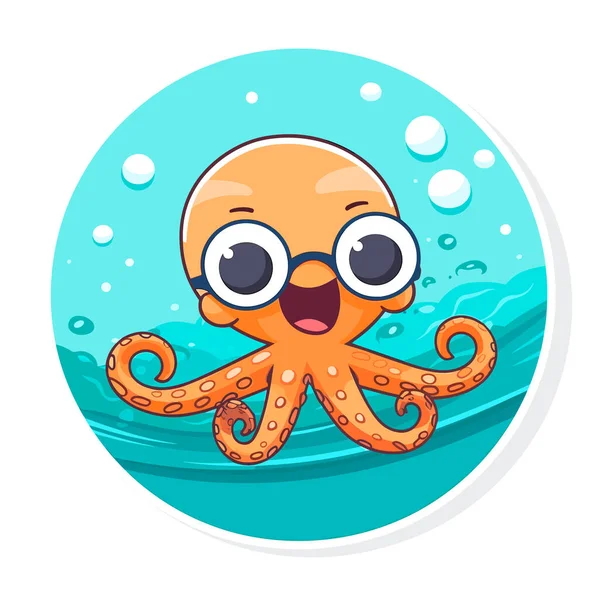 Little Smiling Octopus Swimming School Children Cartoon Vector Illustration Label — Stock Vector