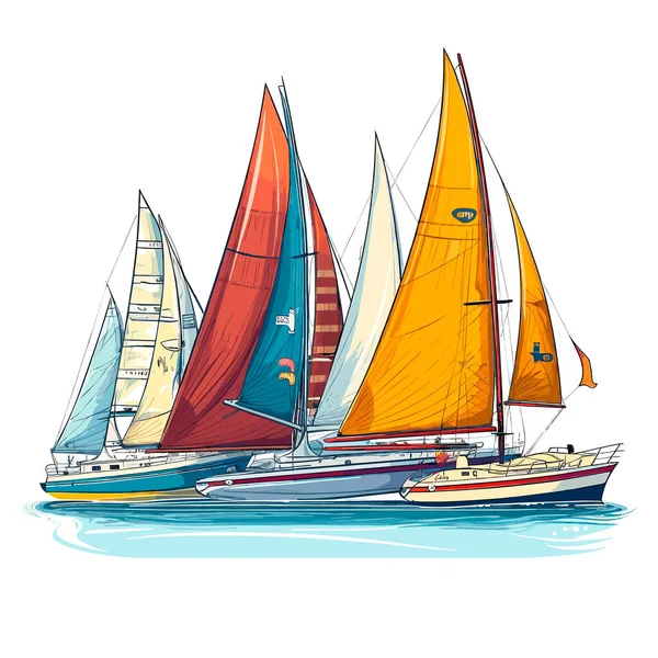 Segelboote Auf See Yacht Club Schiffsanlegestelle Zeichentrickvektorillustration Etikett Aufkleber Shirt — Stockvektor