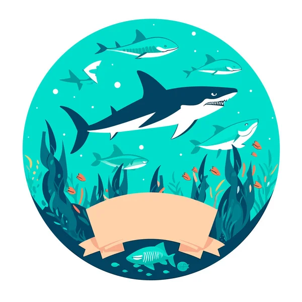 Dangerous Shark Aquatic Reserve Ocean Life Cartoon Vector Illustration Label — Stock Vector