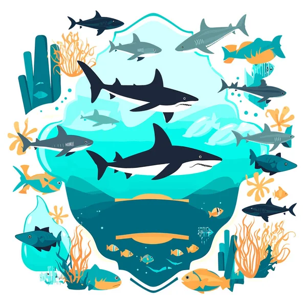 Mořské Akvárium Vodní Rezervace Oceánský Život Kreslené Vektorové Ilustrace Štítek — Stockový vektor