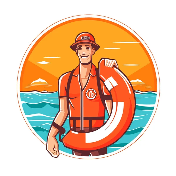 Bewachter Strand Rettungsschwimmer Beobachten Schwimmbad Zeichentrickvektorillustration Etikett Aufkleber Shirt Druck — Stockvektor